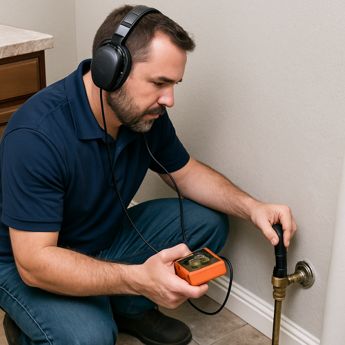 plumber using leak detection equipment in a bathroom